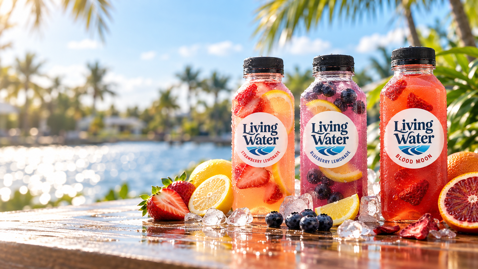 Living Water Co. strawberry lemonade, blueberry lemonade, and Blood Moon beverages